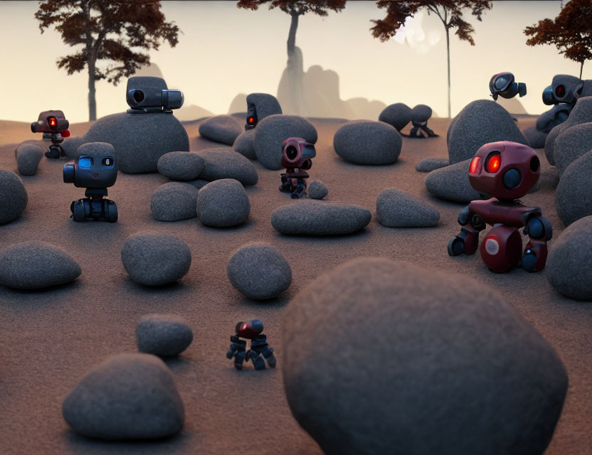 Colorful Animated Robots Exploring Rocky Terrain