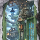 Layered Wooden Frame Artwork: Serene Lake Scene with Cabin, Mountains, and Toy Train