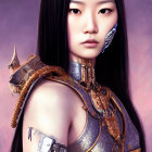 Digital artwork: Woman in black hair, golden armor, intricate designs, shoulder pauldron, sword