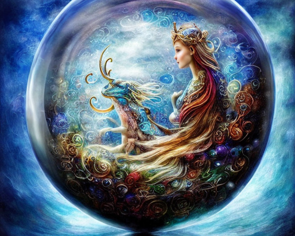 Fantastical bubble scene with regal woman and mythical dragon