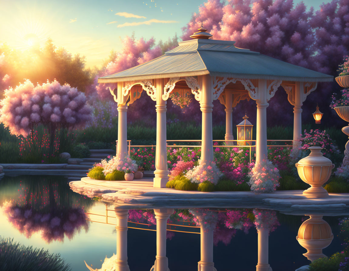 Tranquil pond with pink blossoms at sunset