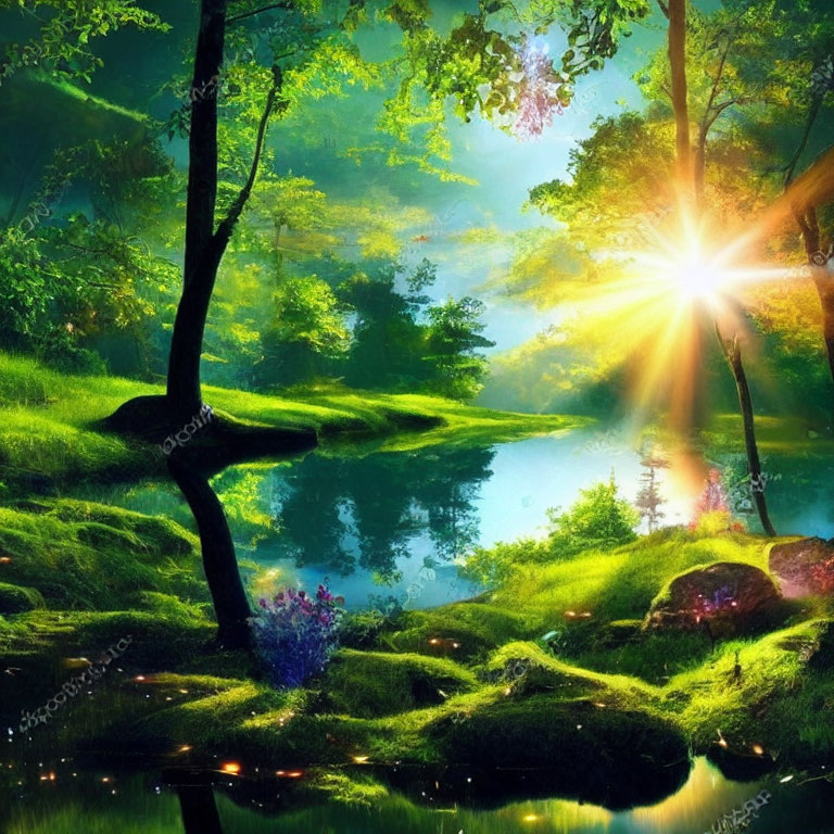 Serene forest landscape with greenery, sunlight, pond, and colorful flowers