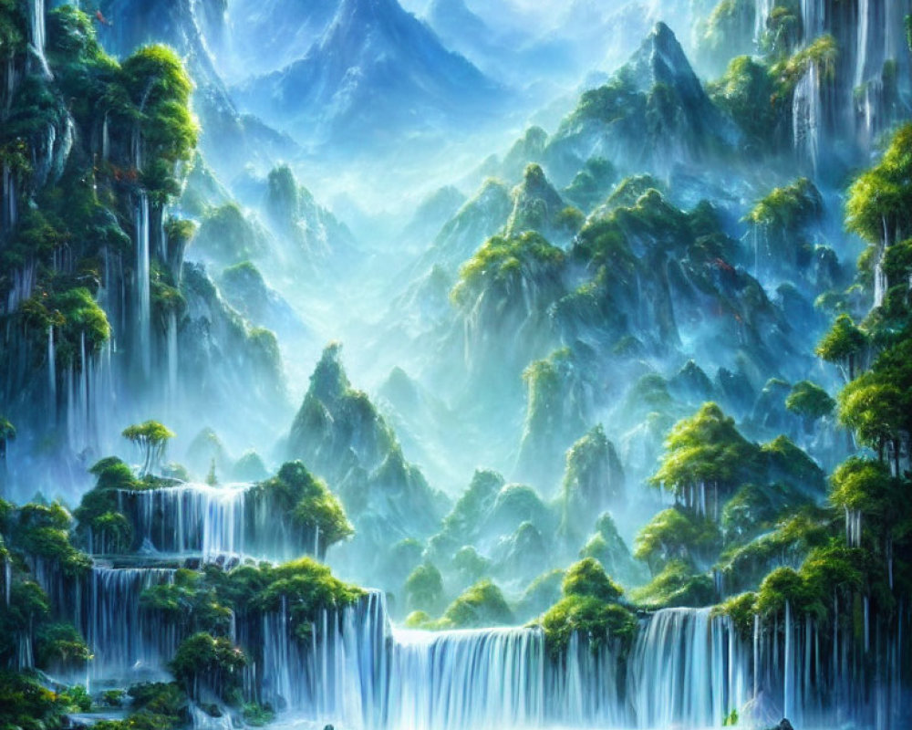 Fantasy landscape with lush greenery, waterfalls, and misty mountains