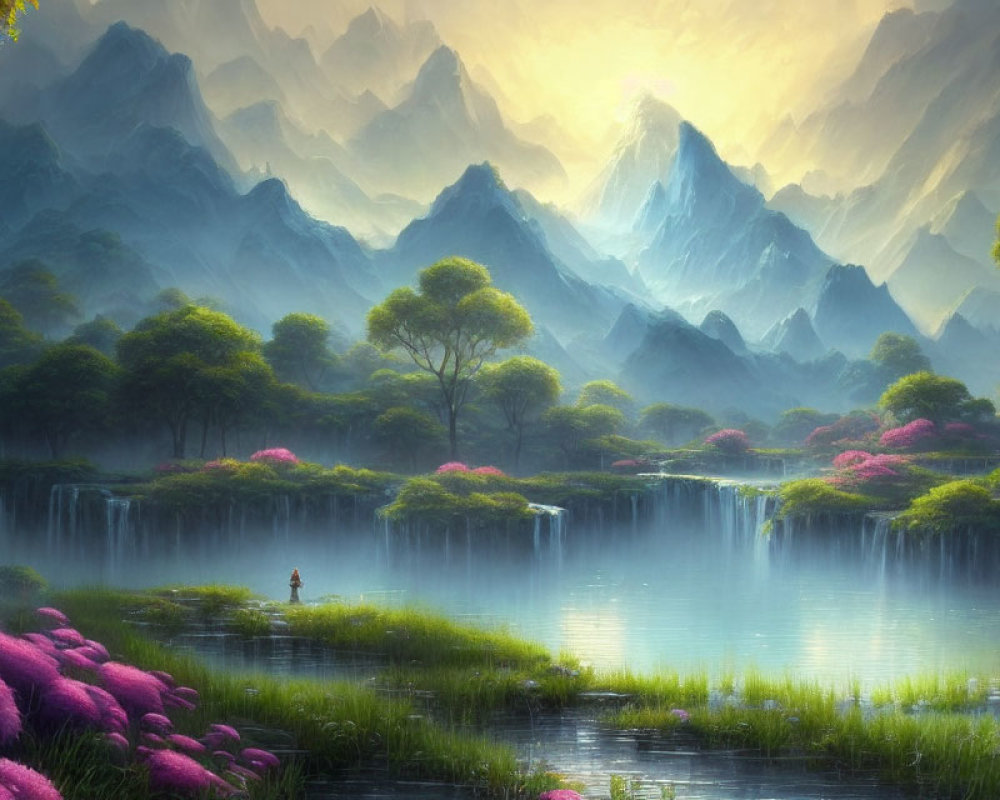 Serene landscape with misty mountains, vibrant flora, waterfalls, lakes, and figure