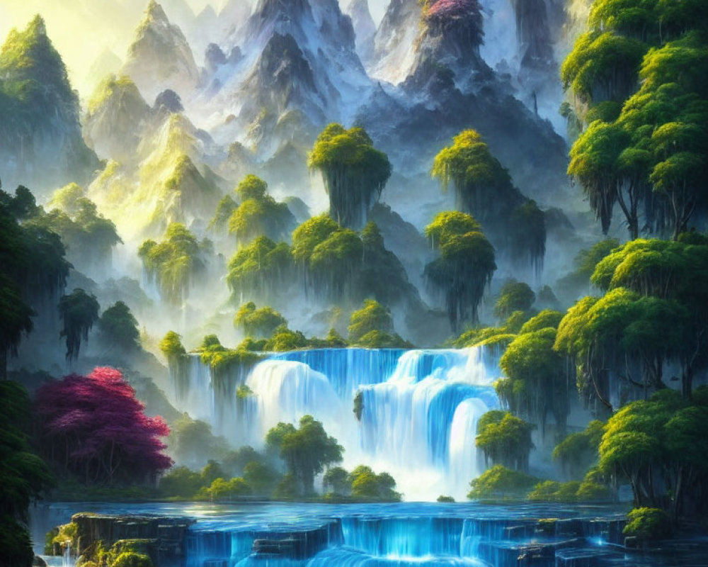 Mystical landscape with blue waterfalls, serene lake, lush forests, mist-covered mountains.
