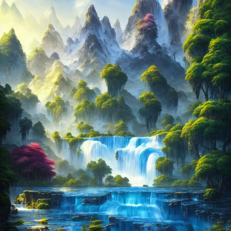 Mystical landscape with blue waterfalls, serene lake, lush forests, mist-covered mountains.