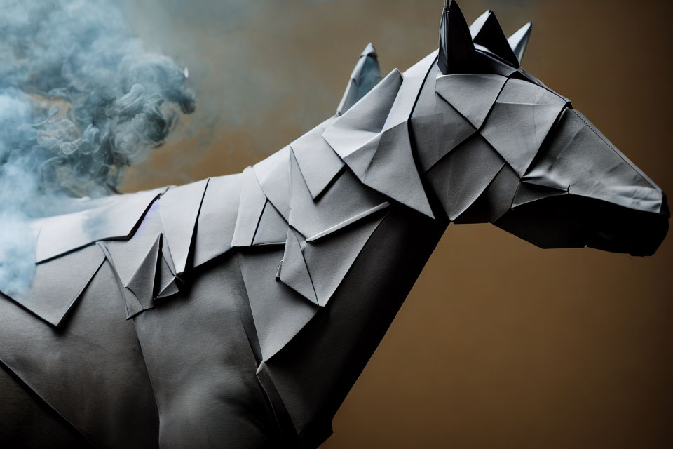Origami-style geometric horse sculpture with smoke on tan background