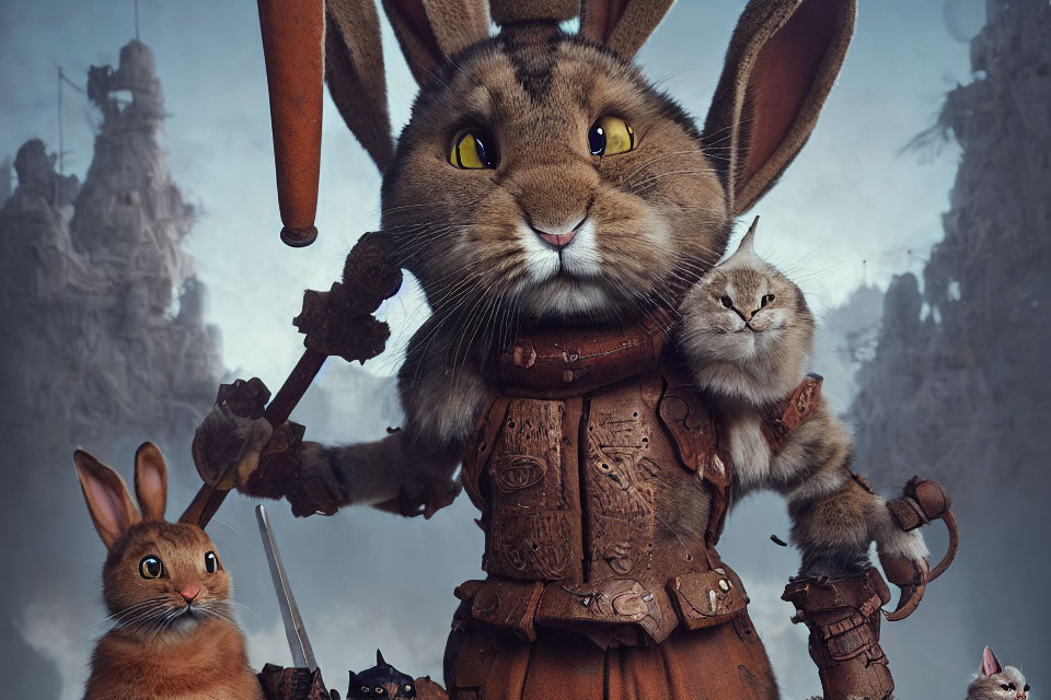 Fantasy artwork of anthropomorphic warrior rabbit with sword and kitten, surrounded by rabbits, in mystical setting