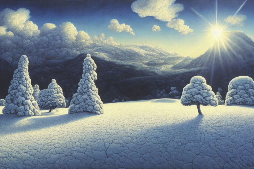 Snow-covered trees in serene winter landscape with bright sun and fluffy clouds