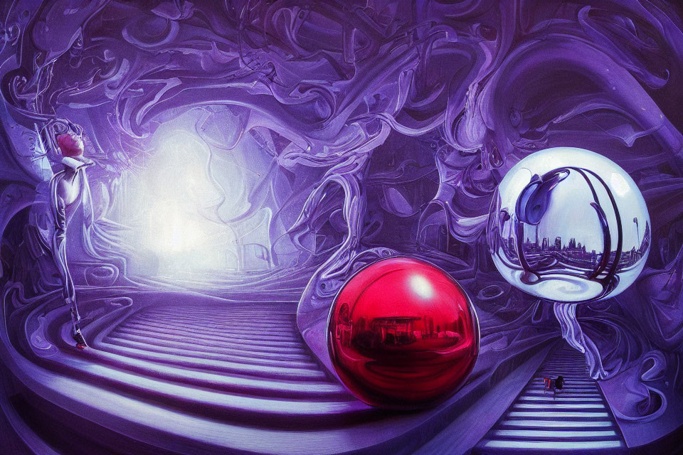 Surreal humanoid figure and reflective spheres in twisted purple landscape