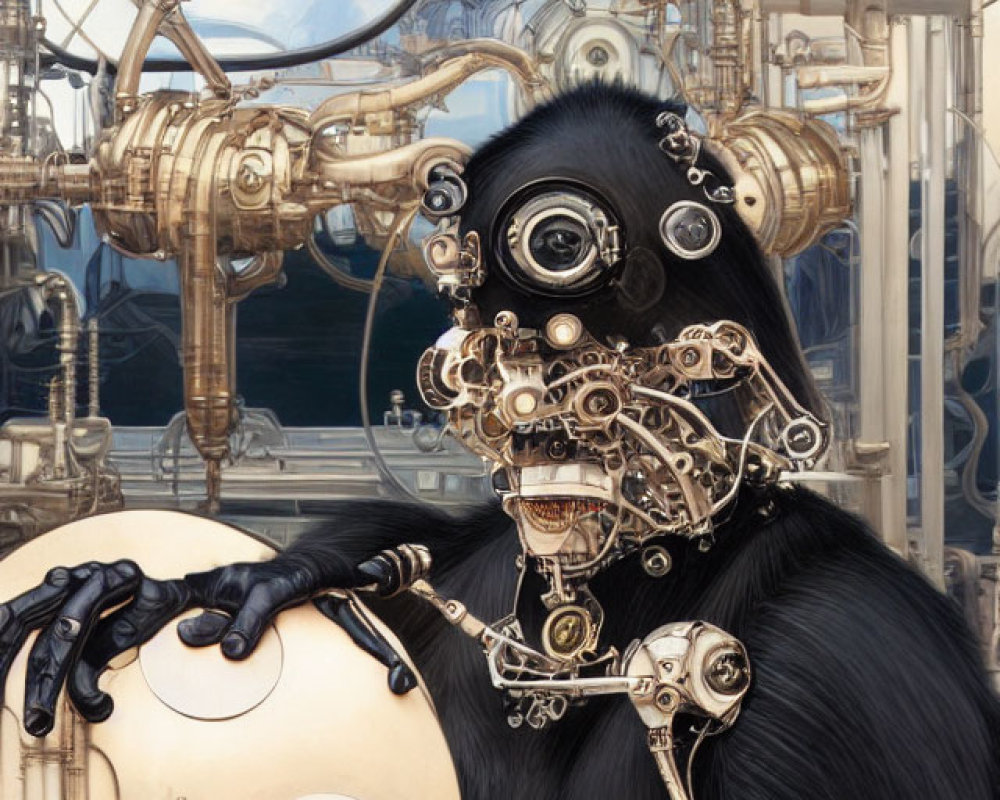 Surreal robotic gorilla art with intricate machinery and human face mask