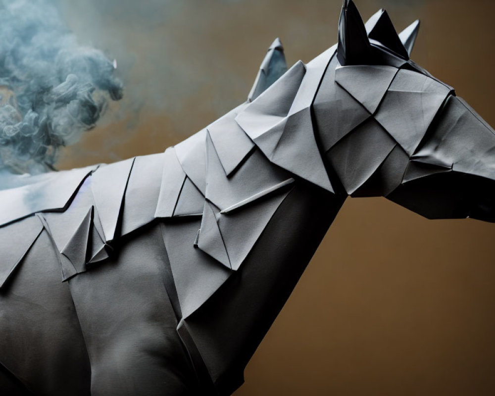 Origami-style geometric horse sculpture with smoke on tan background