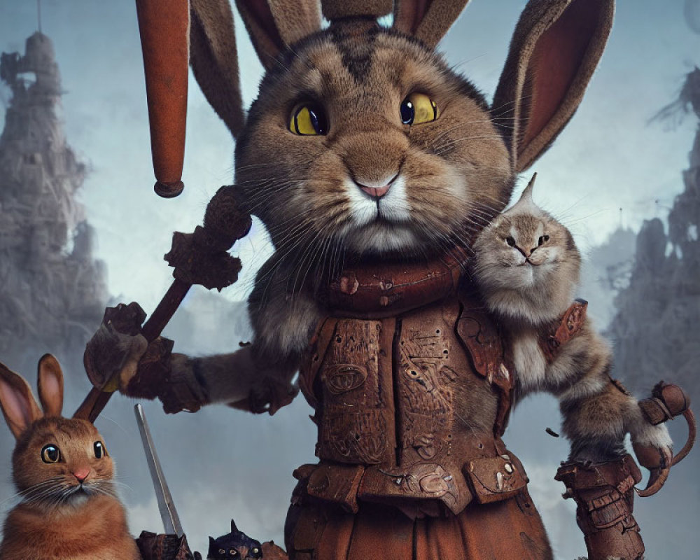 Fantasy artwork of anthropomorphic warrior rabbit with sword and kitten, surrounded by rabbits, in mystical setting