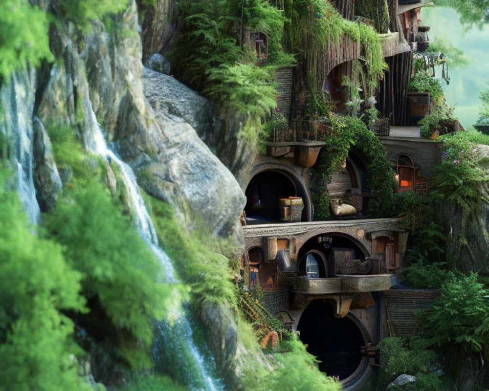 Verdant Cliffside with Waterfalls and Wooden Houses in Green Landscape