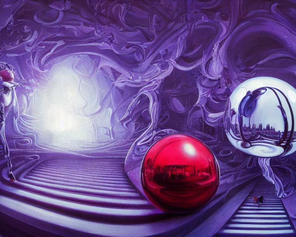 Surreal humanoid figure and reflective spheres in twisted purple landscape