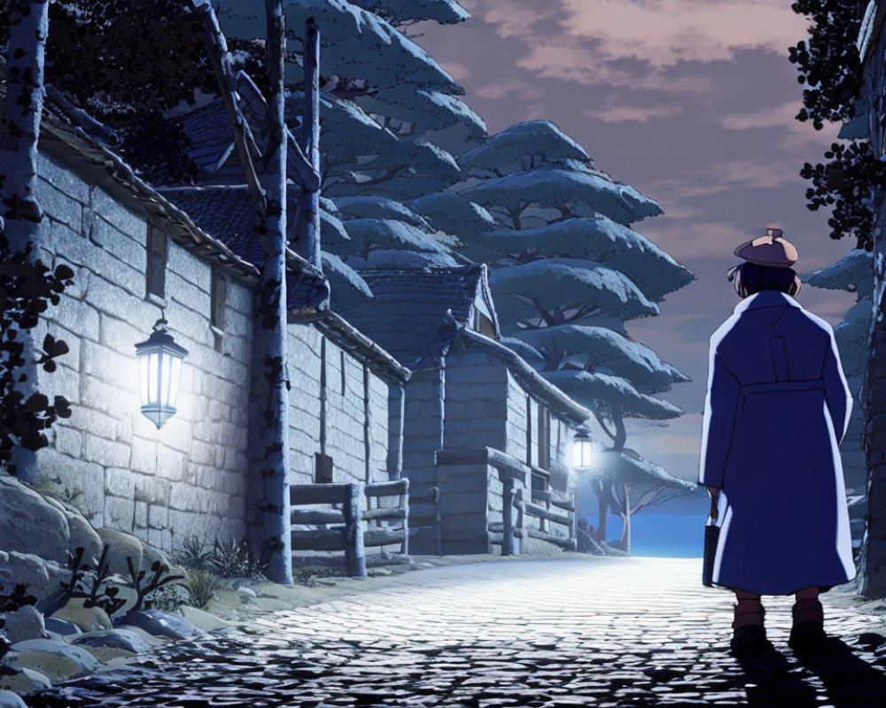 Blue Kimono Animated Character in Snowy Alley at Night