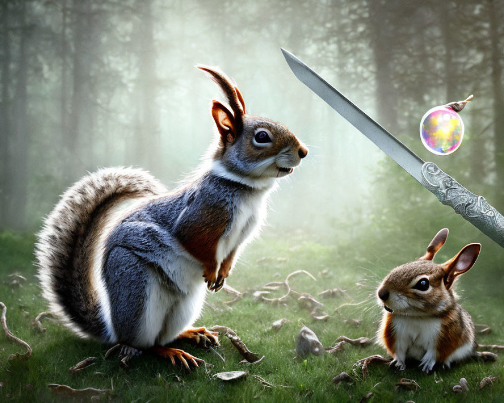 Anthropomorphic squirrel with sword in misty forest scene