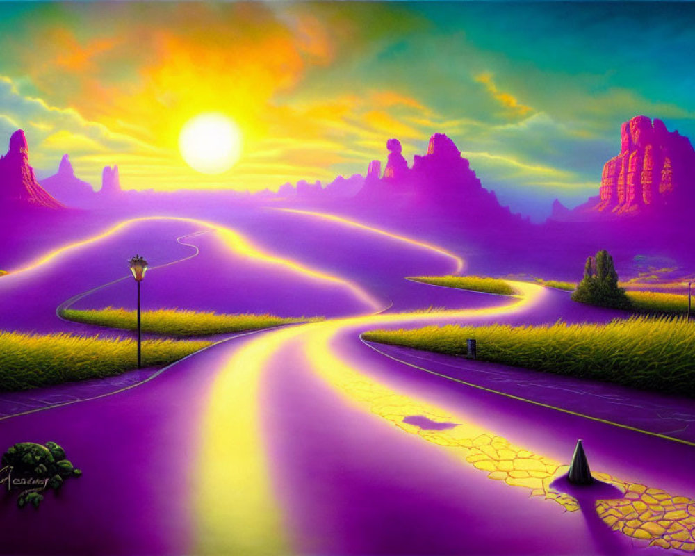 Colorful painting of winding road in surreal purple and yellow landscape