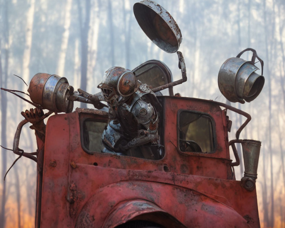 Human-like robot on rusty truck in post-apocalyptic burnt forest