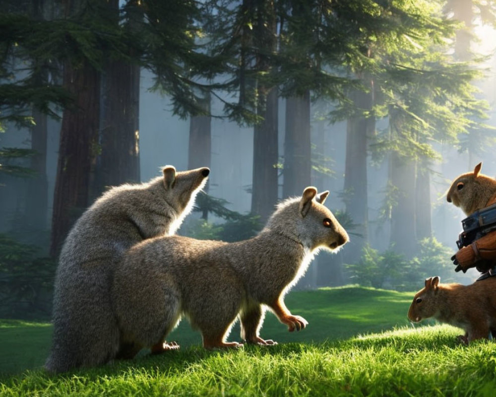 Sunlit forest clearing with three anthropomorphic animals conversing