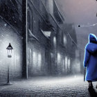 Blue Kimono Animated Character in Snowy Alley at Night