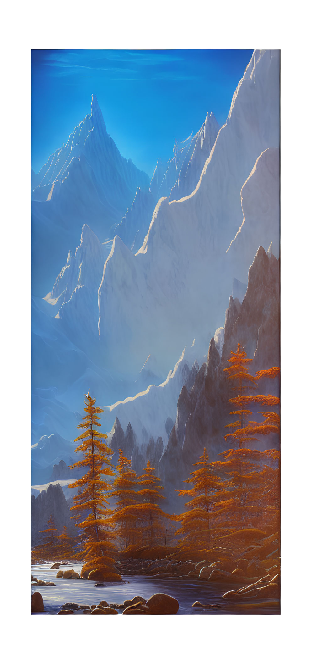 Snowy mountains and golden larch trees in serene landscape