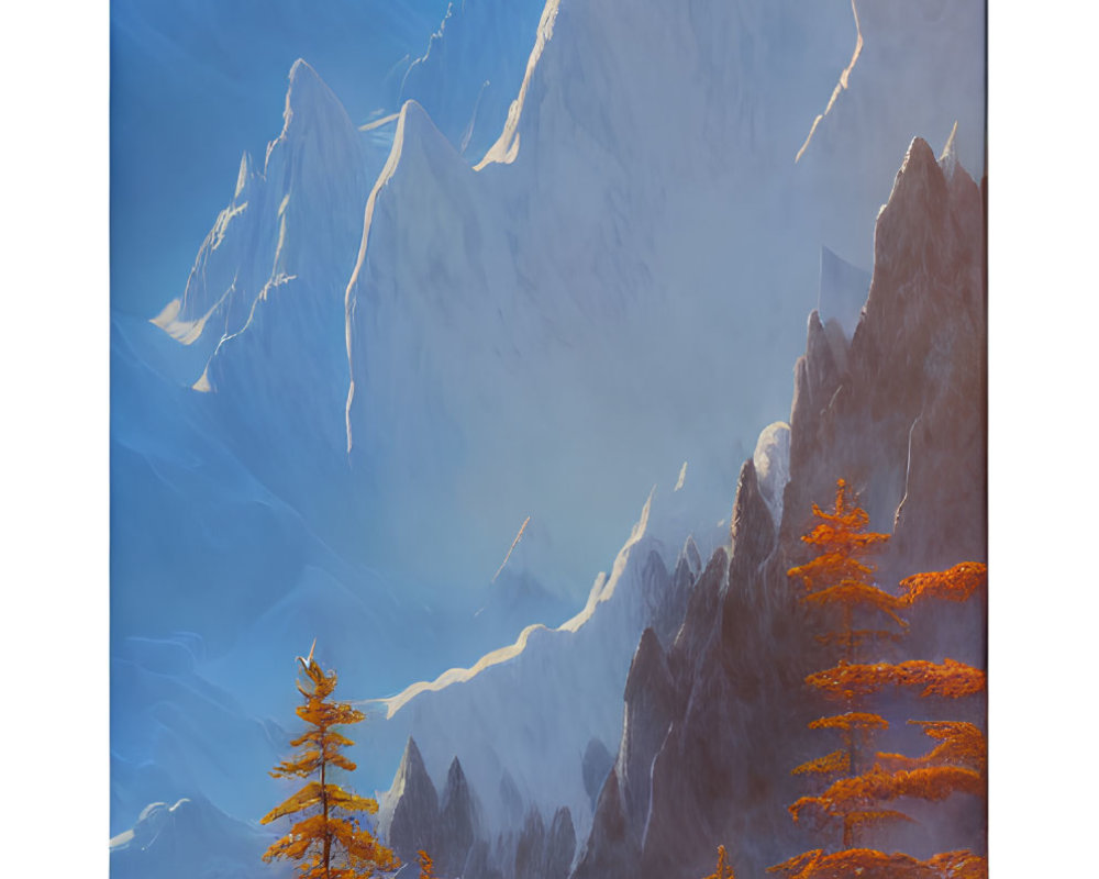 Snowy mountains and golden larch trees in serene landscape