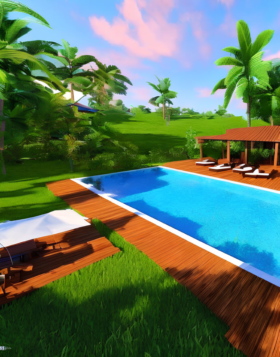 Tranquil pool with clear water, wooden deck, lush greenery, palm trees, pastel