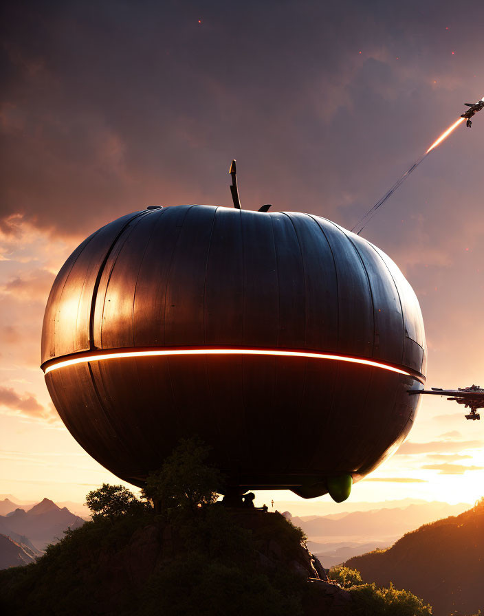 Futuristic spherical airship with glowing underlights above mountain at sunset