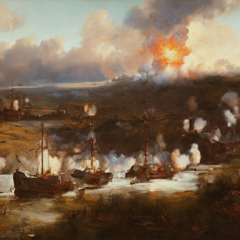 19th-Century Landscape Painting: Industrial Harbor with Steamships and Fiery Sunset