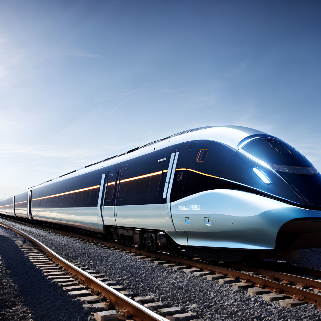 Futuristic blue high-speed train on tracks under clear sky at dawn/dusk