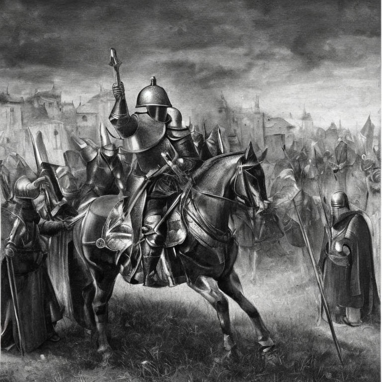 Monochrome drawing of medieval army with soldiers in armor and mounted knight