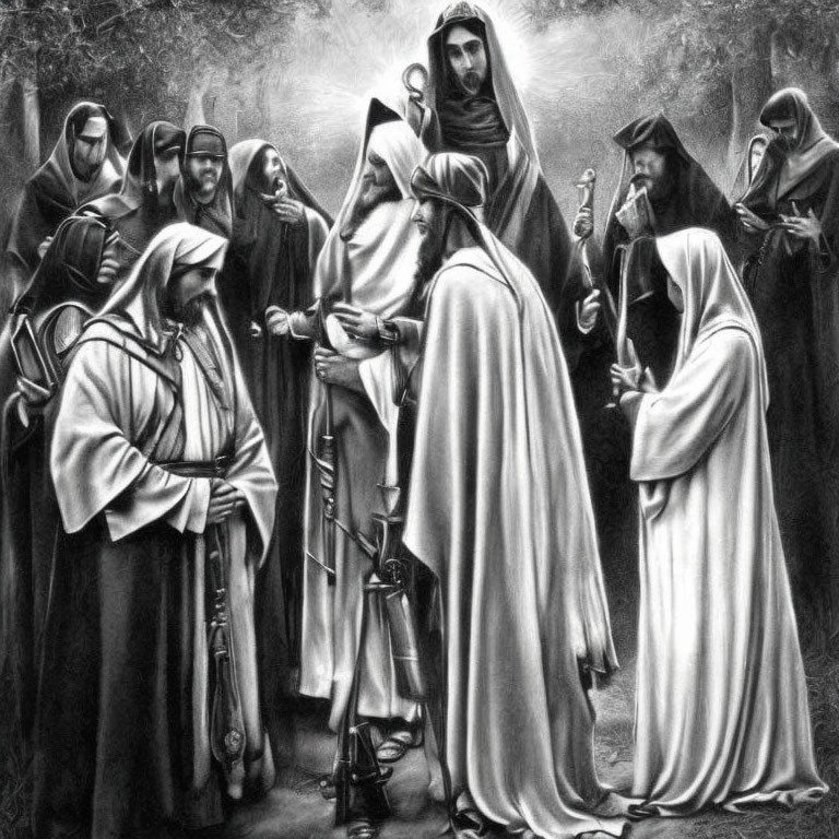 Monochrome illustration of robed figures in historic or religious setting