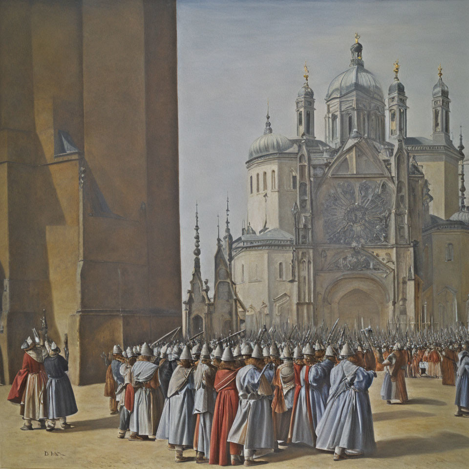 Historical military procession with soldiers and cathedral in painting