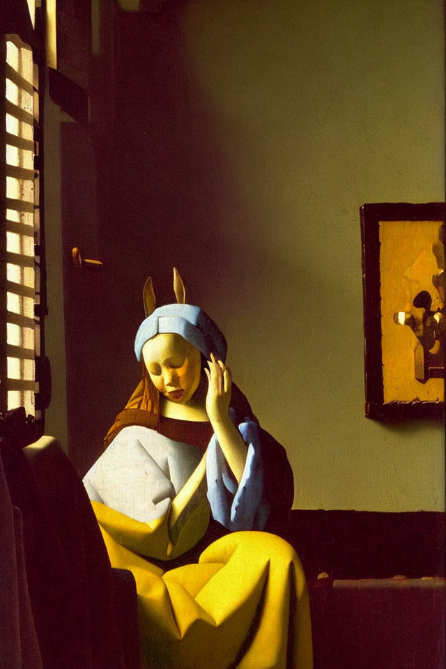 Woman in Yellow Dress Sitting by Window with Book
