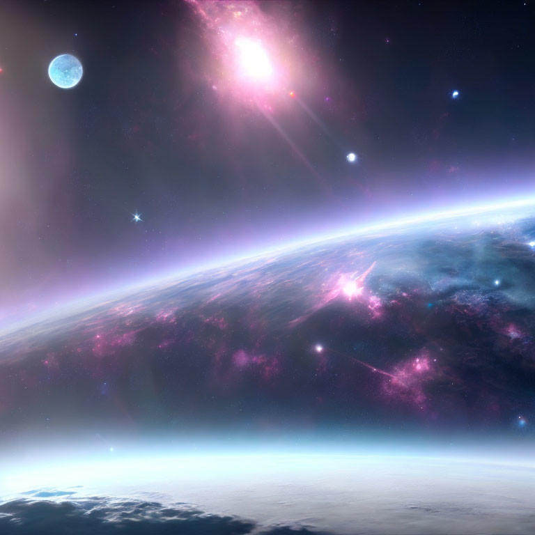 Surreal cosmic scene: planet's curved horizon, starry space, bright nebula, light