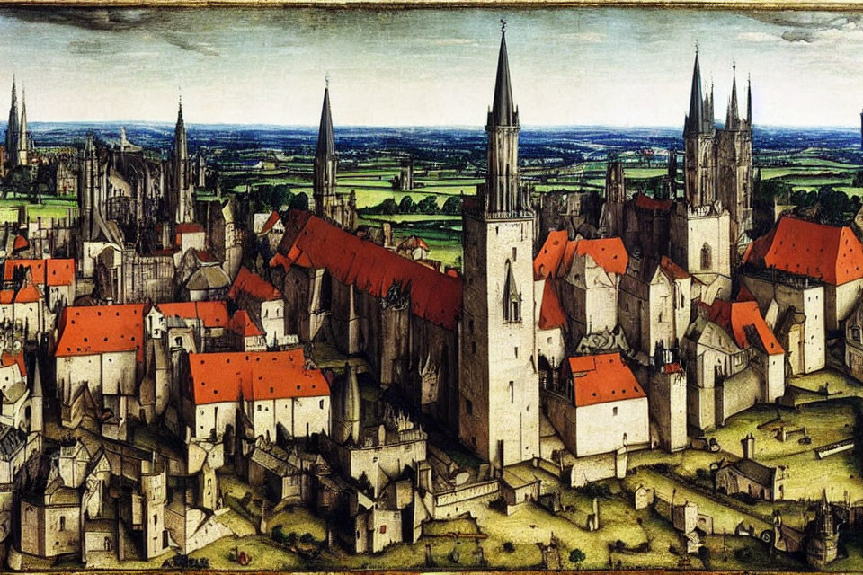Renaissance-era painting: Aerial view of medieval European city
