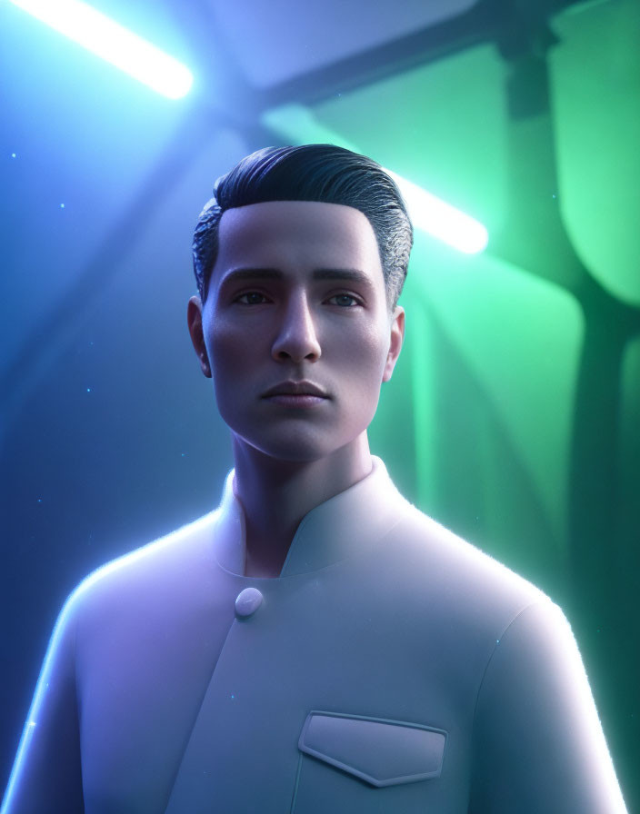 Male humanoid digital art portrait with slicked-back hair under blue and green neon lights