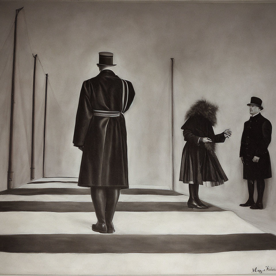 Monochrome painting: Three figures in vintage attire on striped platforms