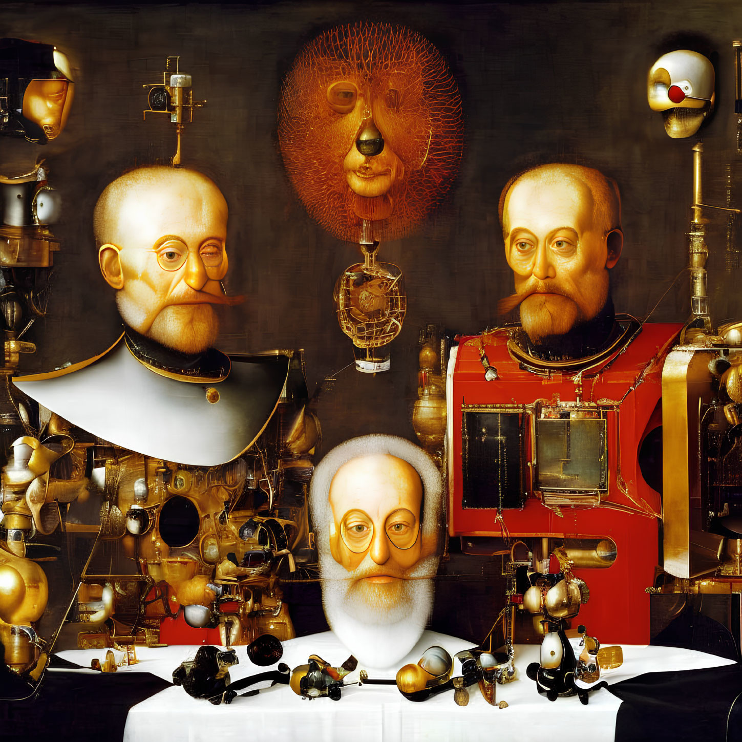 Surreal Artwork: Three Men with Mechanical Bodies in Intricate Setting