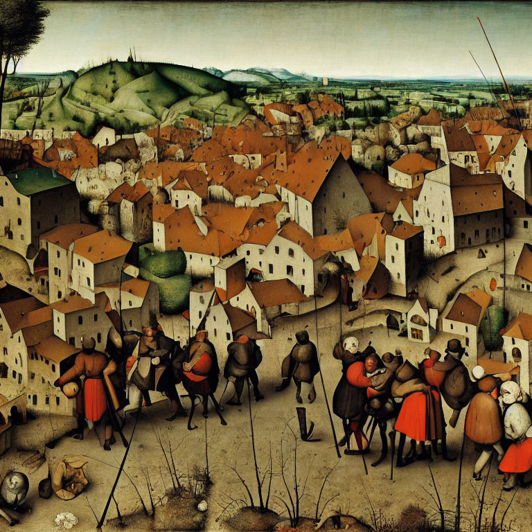 Medieval landscape painting of a bustling village with people and buildings on green hills