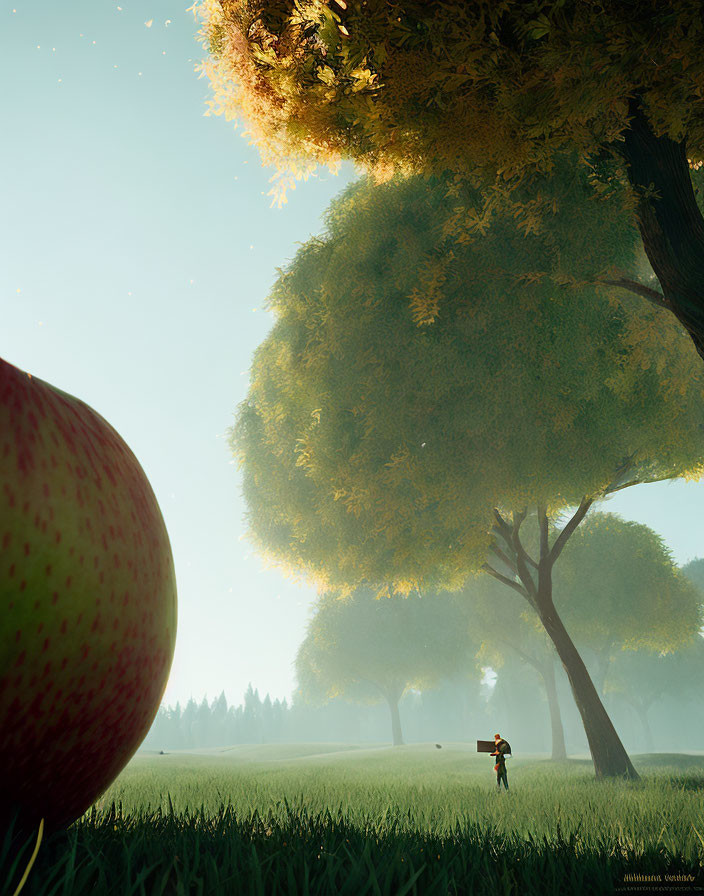 Colossal tree and enormous apple in vast morning meadow