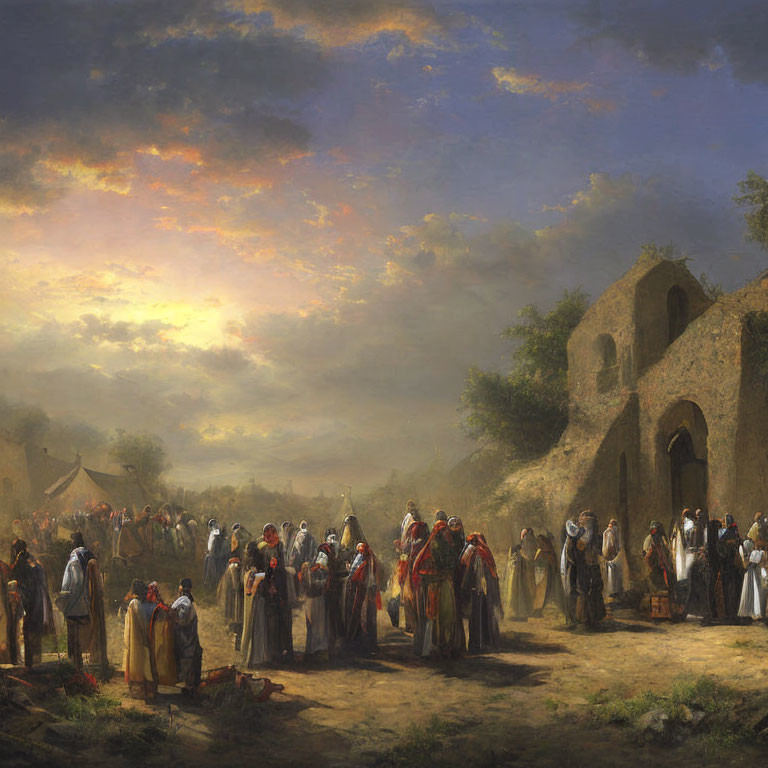 Historical painting of people in traditional clothing near old buildings at sunrise or sunset
