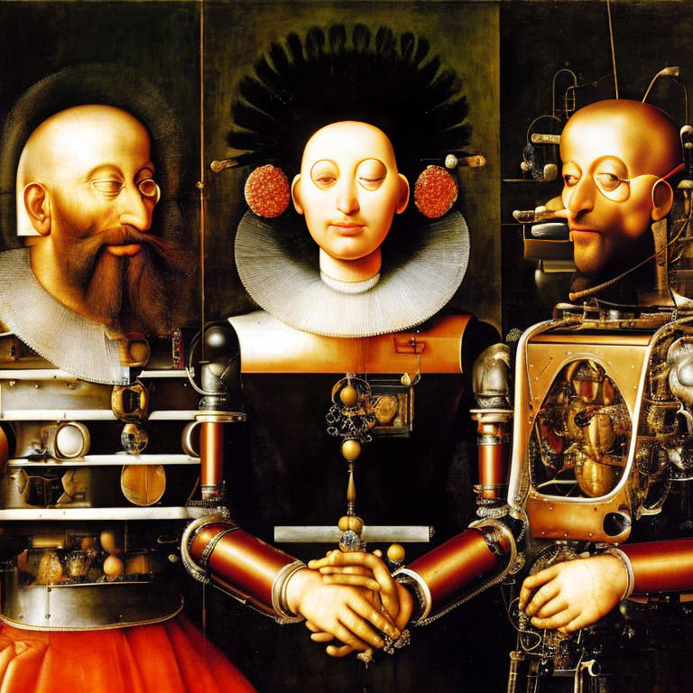 Surrealist painting featuring three merged, bizarre figures: loose shirt, sun-like face, armored body
