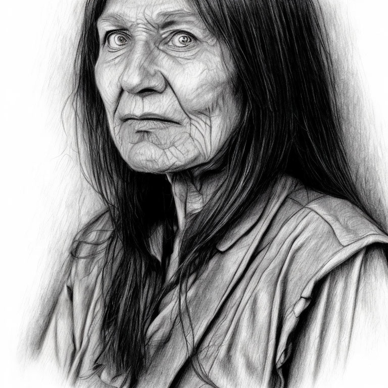 Elderly person sketch: long hair, facial lines, serious expression