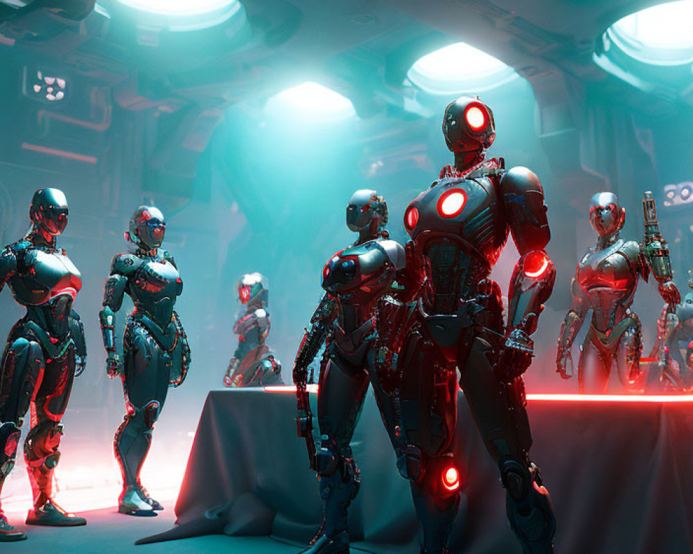 Futuristic robots with glowing red elements in dimly lit industrial room
