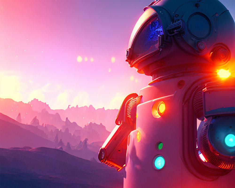 Giant Robot with Spherical Head on Alien Landscape under Pink Sky