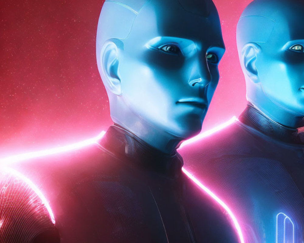 Blue-headed humanoid robots with neon accents on red background in a futuristic setting