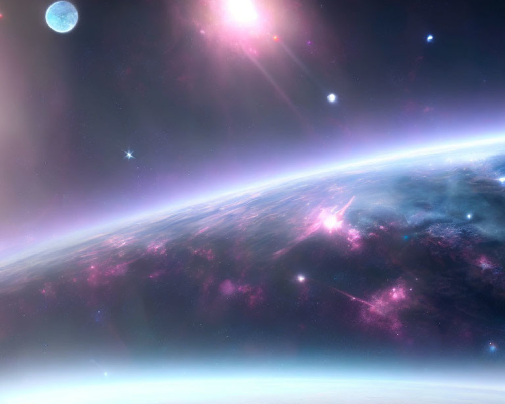 Surreal cosmic scene: planet's curved horizon, starry space, bright nebula, light