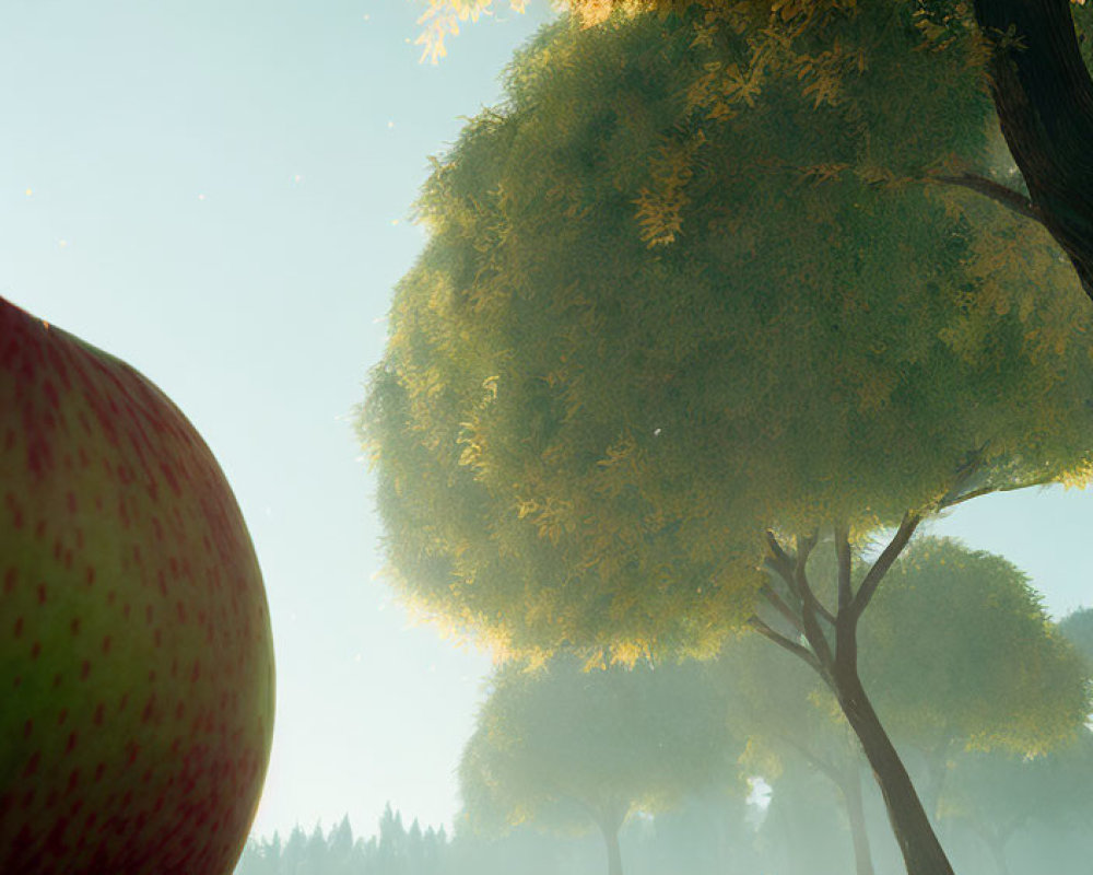 Colossal tree and enormous apple in vast morning meadow